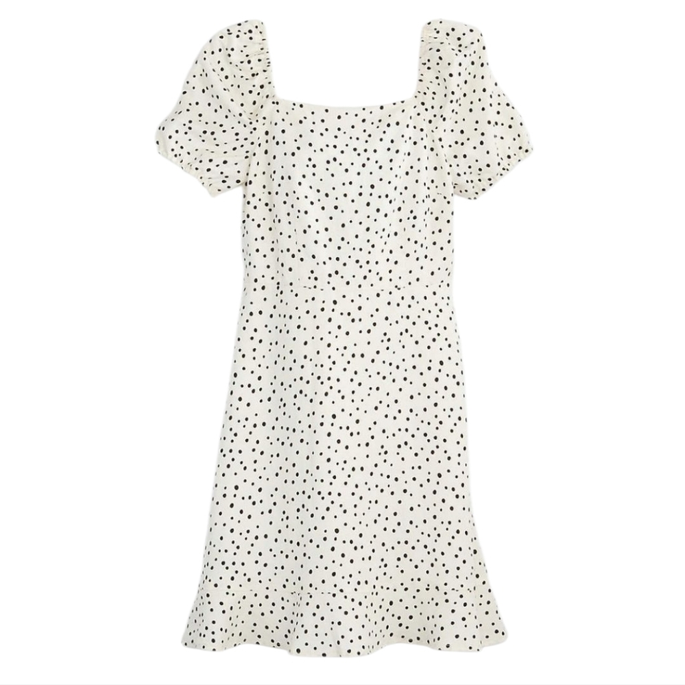 LOFT White Black Polka Dot Linen Puff Sleeve Cut-Out Tie Back Flare‎ Dress 14 - Picture 15 of 16